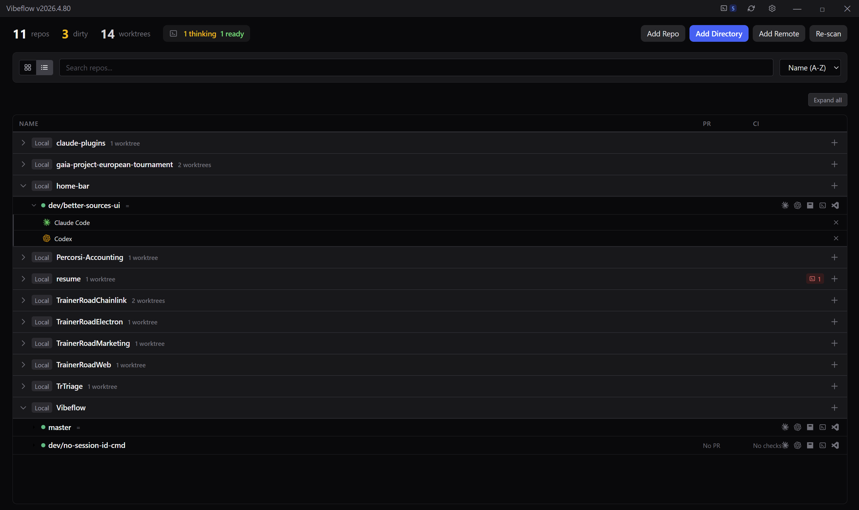 Dashboard with repository list, worktree counts, and live agent status