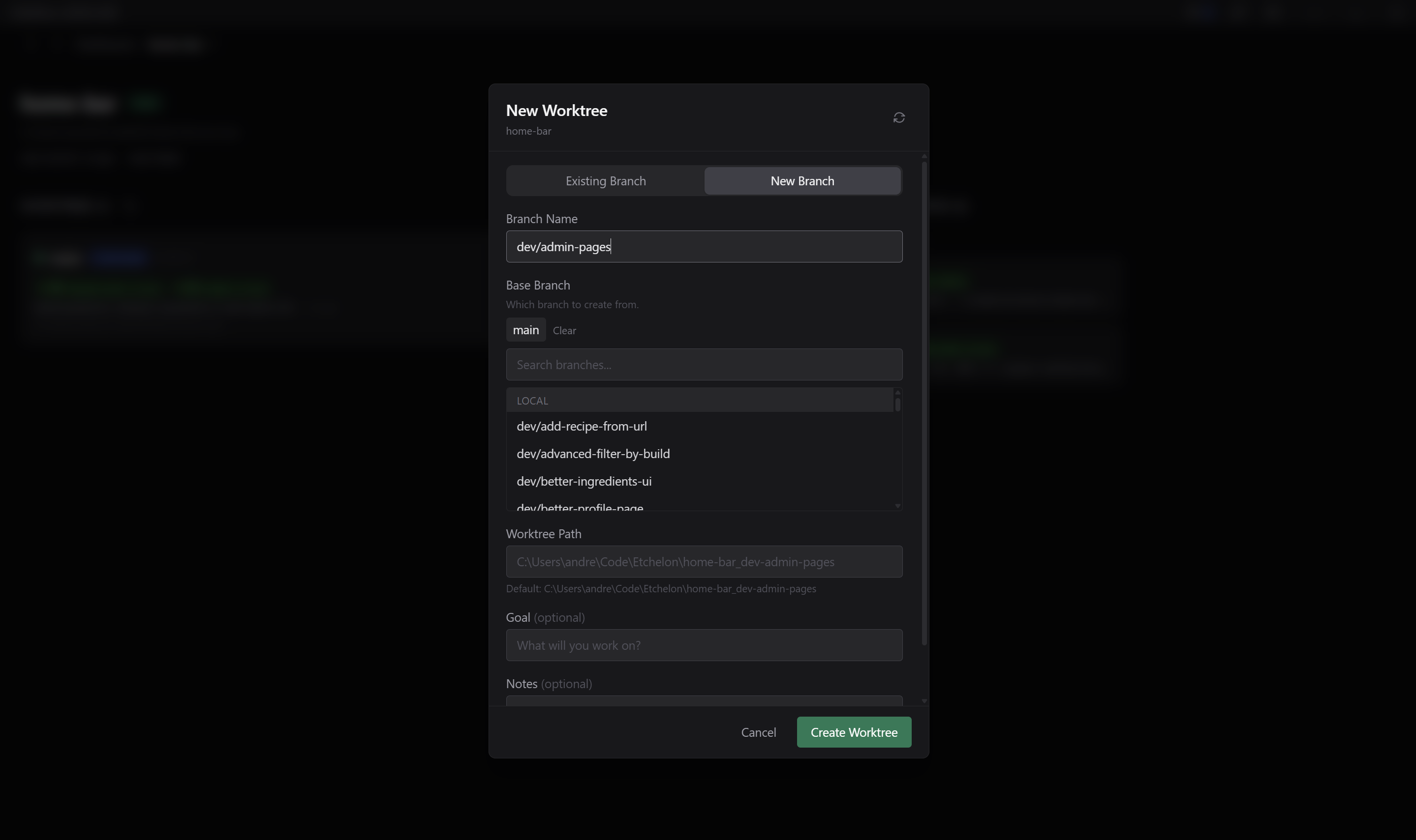 New worktree dialog with branch selection and goal tracking