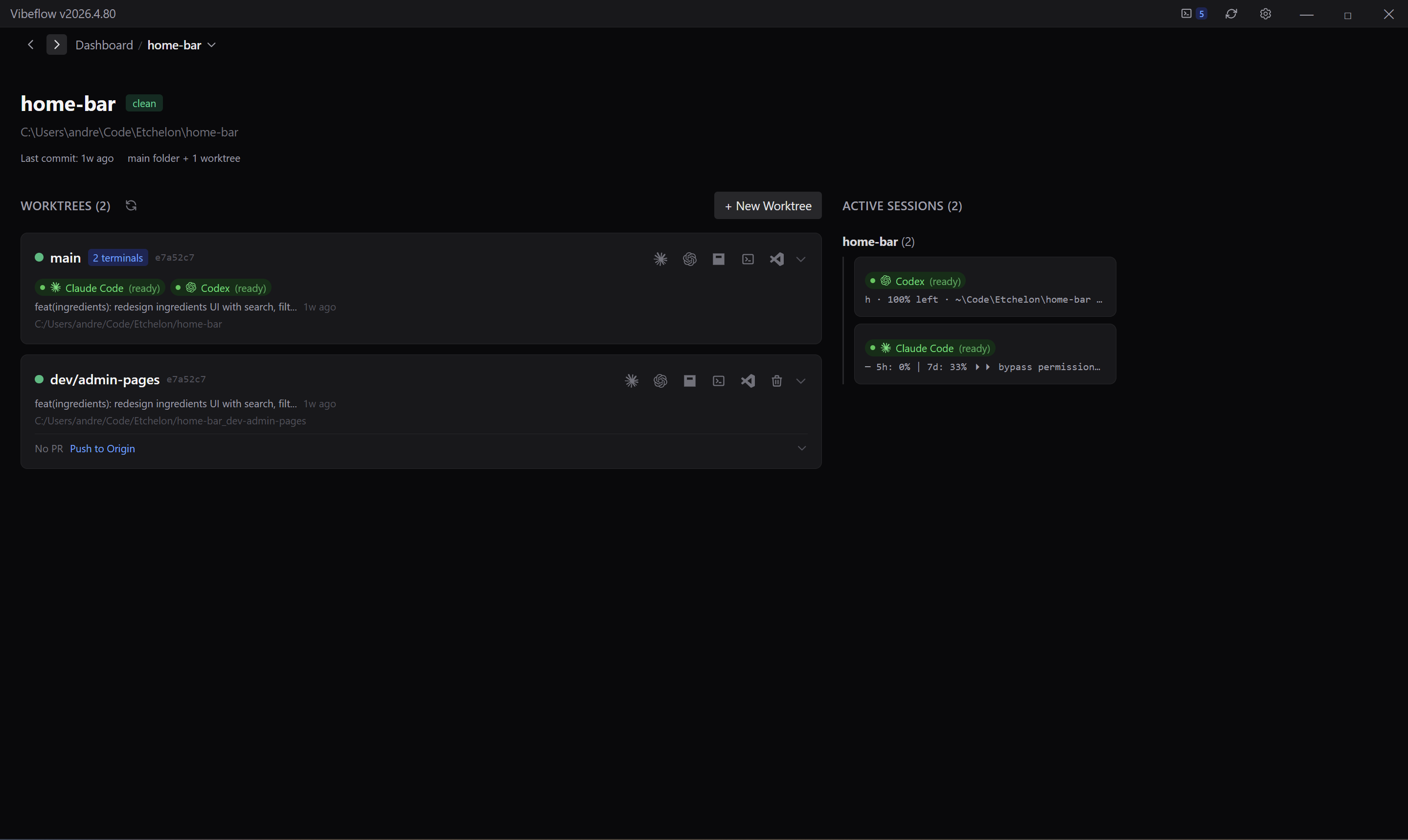 Repository detail with worktrees and active AI agent sessions