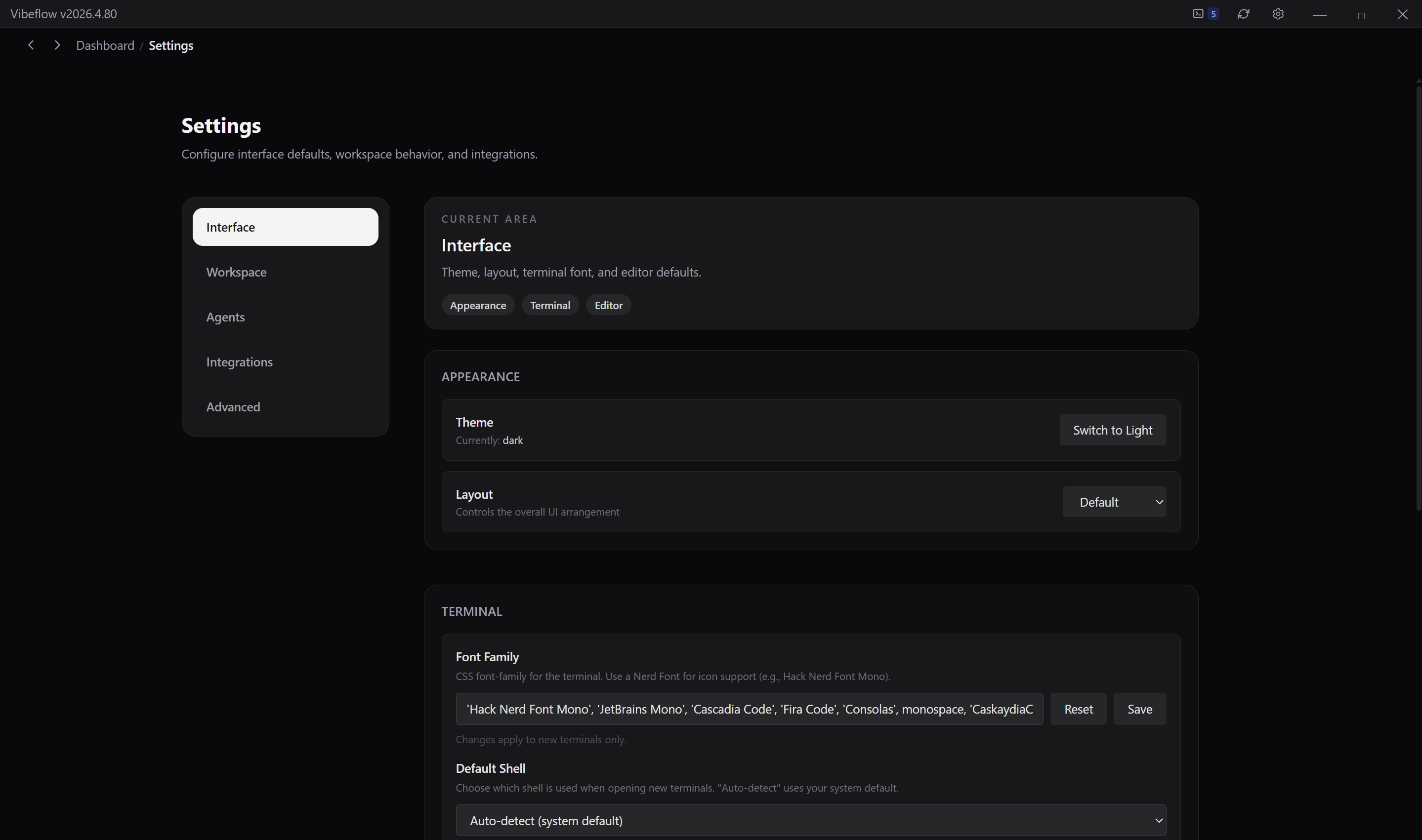 Settings page with interface, workspace, and agent configuration